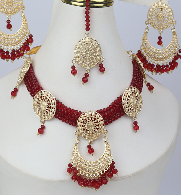 Maroon Pearls Necklace Set With Earring & Tikka (ZV-3183)