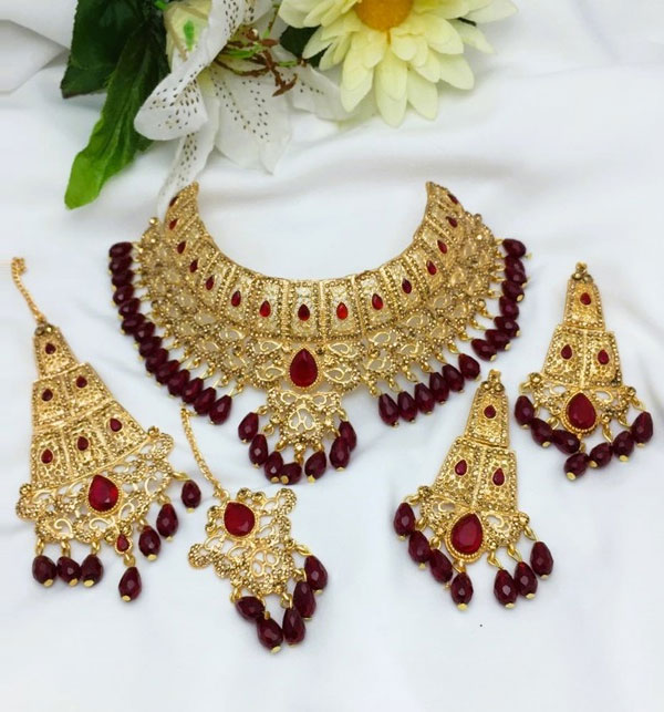 Beautiful Golden Wedding Pearl Necklace Jewelry Set with Earrings, Jhumar and Teeka (ZV:20153)