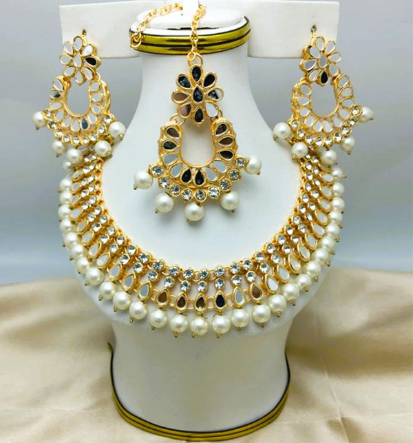 Bridal Kundan Pearl White Choker Necklace Jewelry Set With Earrings And Tikka (ZV:18487)