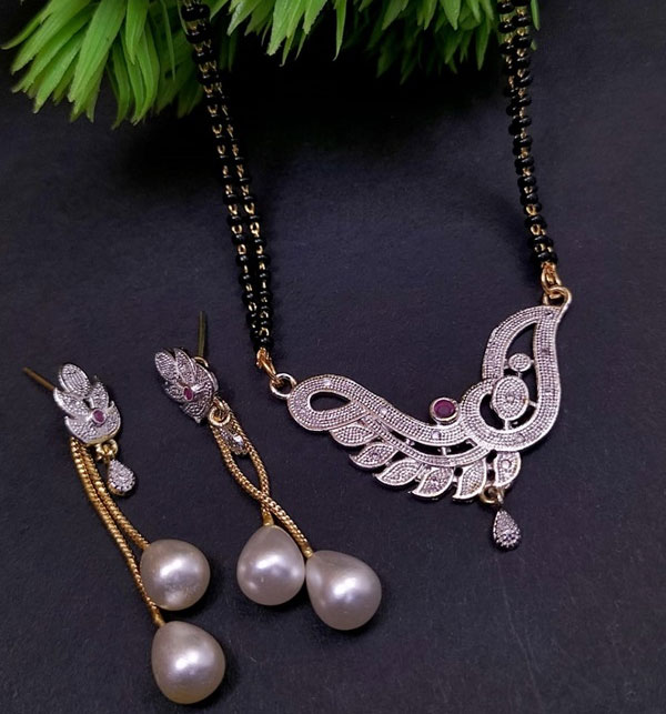 Elegant Indian Silver Zircon Pendant Set With Black Mala And Earrings (ZV:25397)