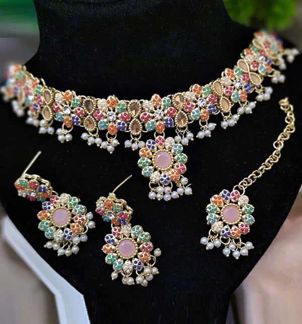 Elegant Zircon Navratan Necklace Set With Earrings And Bindia (ZV:23856)