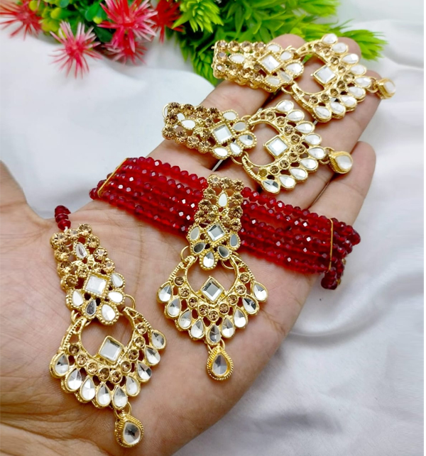 Kundan Choker Set Pearls Work With Earring Matha Patti (ZV:12253)