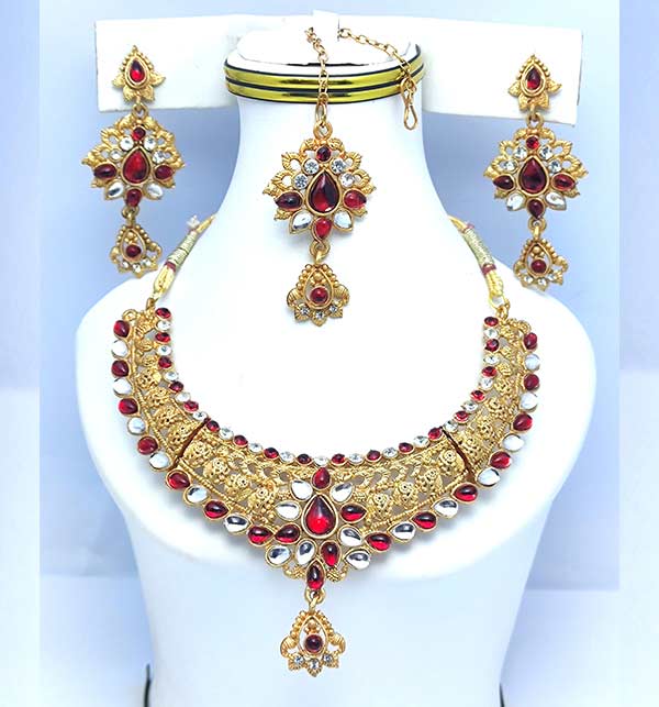 Golden Rajwadi Necklace Set Earring Matha Patti (ZV:9070)