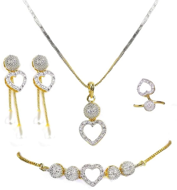 Zircon Stylish Heart Necklaces Set Earring & Ring & bracelet For Girls (PS-318)