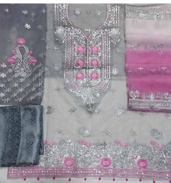 Embroidered Net Party Wear Dress with Jamawar Trouser  (CHI-50) Gallery Image 1