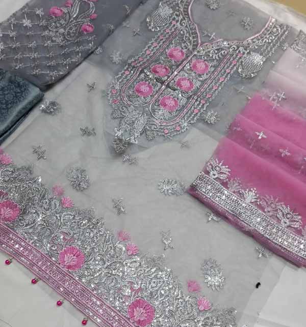 Embroidered Net Party Wear Dress with Jamawar Trouser  (CHI-50) Gallery Image 2