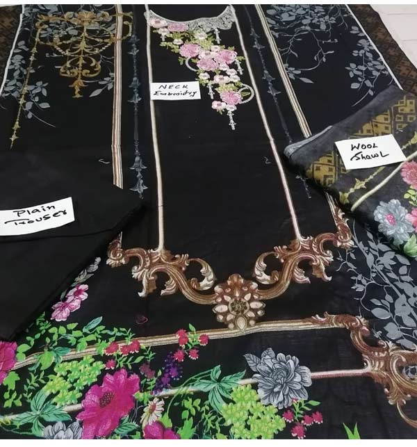 Black Embroidered Khaddar Suit with Wool Shawl Dupatta (KD-107)