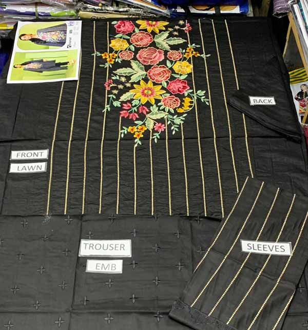 Black Lawn Heavy Embroidery Suit With Embroidered Trouser (Unsitched) (DRL-714) Gallery Image 1