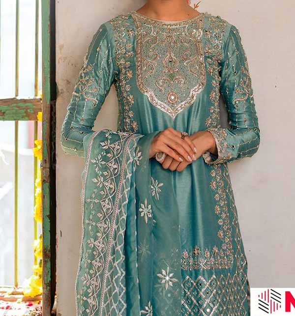 Wedding Mirror Work Embroidered Masoori Dress with Embroidered Net Dupatta (CHI-440) Gallery Image 2