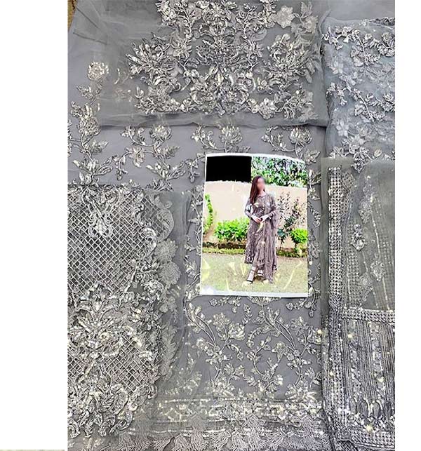 Heavy Embroidered Grey Net Formal Wedding Dress (CHI-466) Gallery Image 1