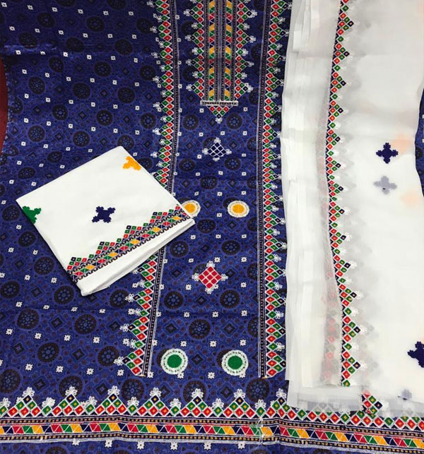 Cotton Lawn Ajrak Embroidery Dress Embroidery Chiffon Dupatta EMB Trouser UnStitched (DRL-902) Gallery Image 2