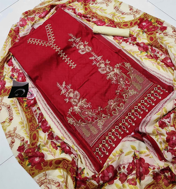 Unstitched 3 Piece Embroidered Lawn Suit with Chiffon Dupatta (DRL-907) Gallery Image 1