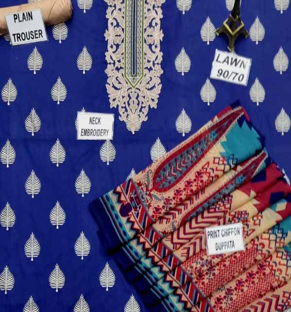 3 Piece Embroidered Lawn Suit With Chiffon Dupatta (DRL-934) Gallery Image 2