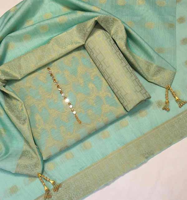 Banarsi Jacquard” Paper cotton 3 piece Suits with Cotton Jacquard Dupatta (Unsicthed) (Unsicthed) (DRL-948) Gallery Image 1