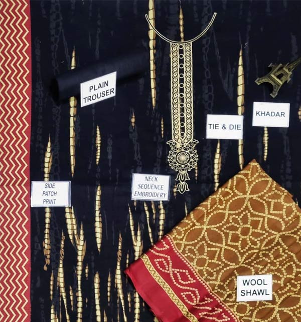 Tie & Die Khaddar Embroidered Dress With Wool Shawl Dupatta (UNSTITCHED) (KD-161)