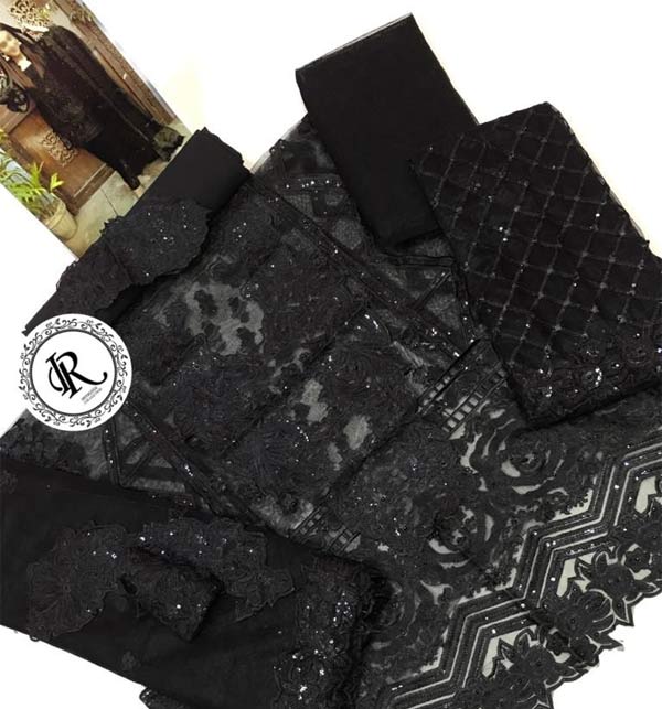 Fancy Black Embroidery NET Dress Sequence Embroidery Work (Unstitched)  (CHI-536) Online Shopping & Price in Pakistan