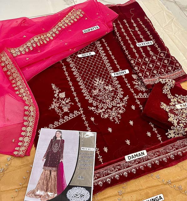 Velvet Heavy Embroidery Dress With Organza Embroidery Dupatta (Unstitched) (CHI-546) Gallery Image 1