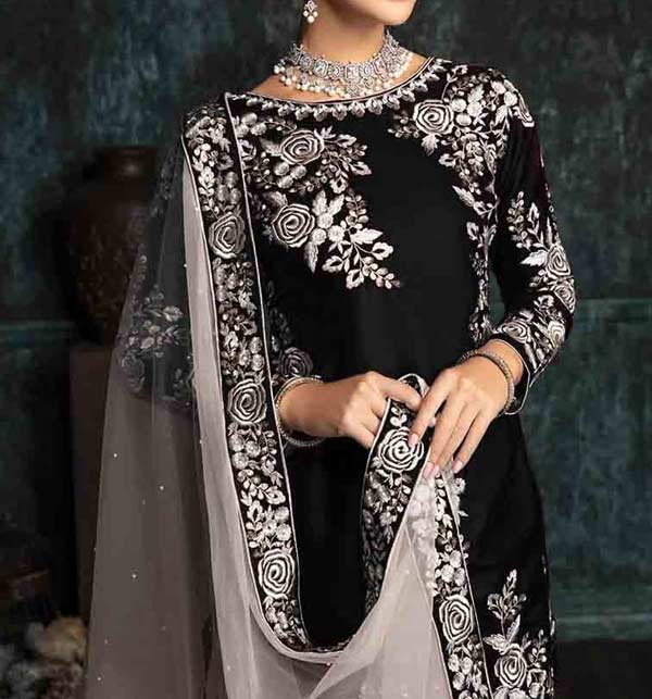 SILK Latest Embroidered Black Party Wear Dress 2022 (Unstitched) (CHI-563) Gallery Image 1