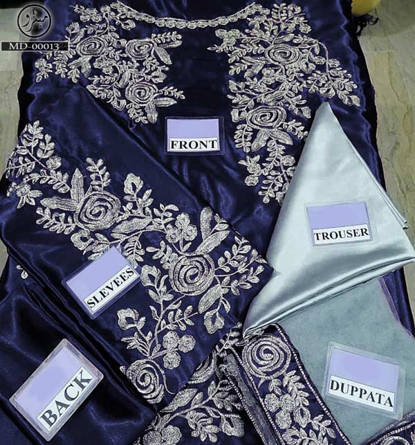 Embroidered Navy Blue Silk Party Wear Dress 2022 (Unstitched) (CHI-564) Gallery Image 1
