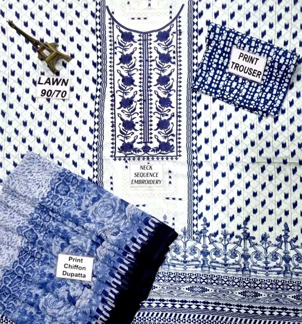Lawn Sequins Embroidered Lawn Suit with Chiffon Dupatta (Unstitched) (DRL-973)