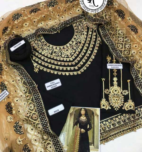 Embroidered Black Chiffon Dress with Net Dupatta (Unstitched) (CHI-611) Gallery Image 1