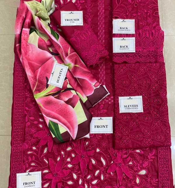 Luxury Full Embroidered Lawn Chikankari Front With 3D Flowers With Digital Silk Printed Dupatta  (Unstitched) (DRL-1104)