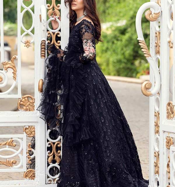 Black Party Wear Embroidered Indian Chiffon Maxi (Unstitched) (CHI-624) Gallery Image 1