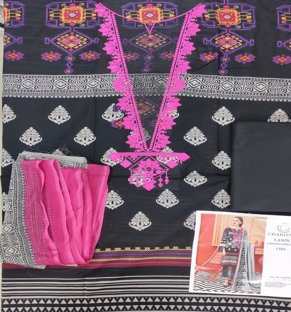 HIT Black Embroidered Lawn Dress with Chiffon Dupatta  (Unsitched) (DRL-1156) Gallery Image 1
