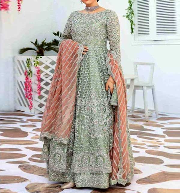 Luxury Mirror & Handwork Heavy Embroidered Net Bridal Maxi Dress 2022 (UnStitched) (CHI-659)