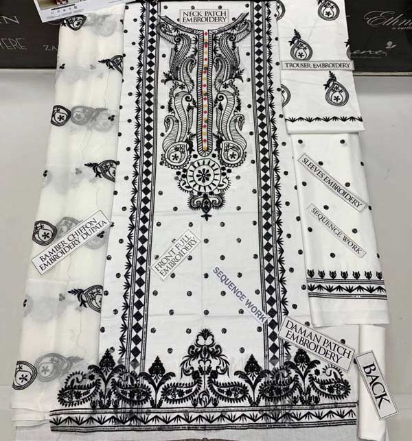 Latest Embroidered 3 Pcs Dress With Bamber Chiffon Embroidered Dupatta (UnStitched) (DRL-1223) Gallery Image 1