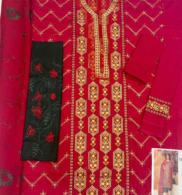 Embroidered 3 Pcs Dress With Bamber Chiffon Embroidered Dupatta (UnStitched) (DRL-1224) Gallery Image 1