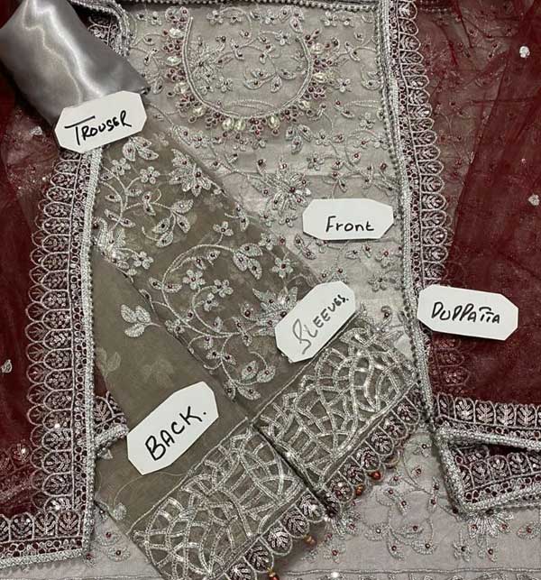 Heavy Embroidered Grey Net Wedding Dress 2022 With Net Embroidery Dupatta (Unstitched)  (CHI-662) Gallery Image 1