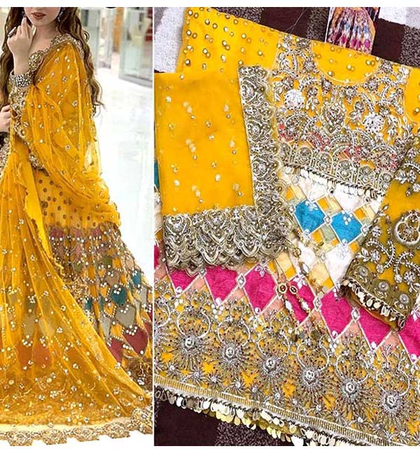 Luxury Mirror & Handwork Heavy Embroidered Net Mehndi Bridal Lehenga Dress 2023 (Unstitched) (CHI-663) Gallery Image 1