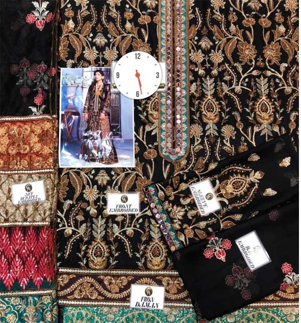 Chiffon Heavy Embroidered Party Wear Dress Chiffon Dupatta Silk Trouser (UnStitched) (CHI-671) Gallery Image 1