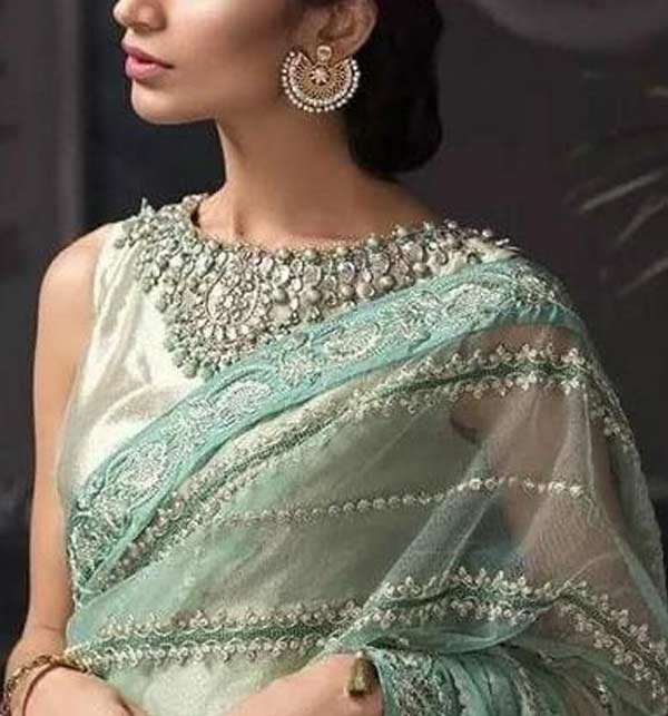 Luxury Heavy Embroidered Net Bridal Saree HandworkS stones & Peals 7 Yard with Inner (CHI-699) Gallery Image 1