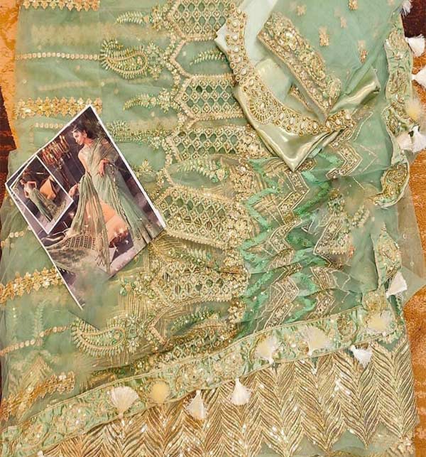 Luxury Heavy Embroidered Net Bridal Saree HandworkS stones & Peals 7 Yard with Inner (CHI-699) Gallery Image 2