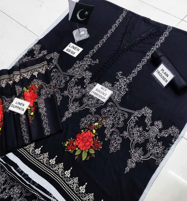 Black Linen Embroidered Suits With Linen Duppata Unstitched 3 Piece (LN-336)