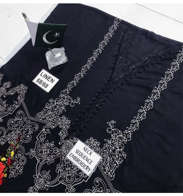 Black Linen Embroidered Suits With Linen Duppata Unstitched 3 Piece (LN-336)