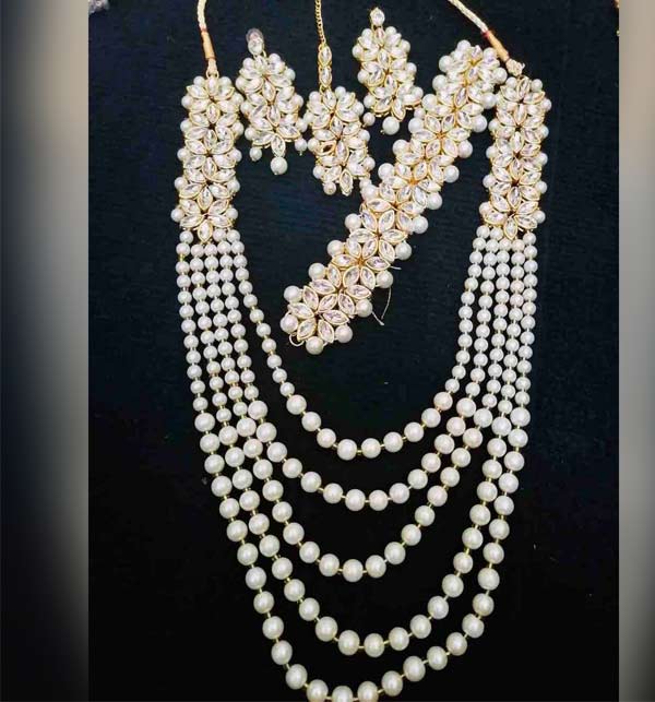 Indian Pearl Bridal Necklace Earrings Jewelry Set (ZV:1560)