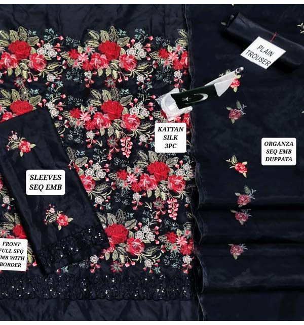 Heavy Embroidered  Kattan Silk Dress 2022 with Organza Dupatta (CHI-777) Gallery Image 1
