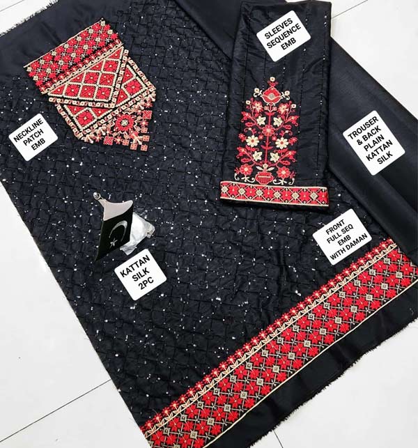 Silk Sequins Full Heavy Embroidered Dress & Embroidery Trouser 2-Piece (Unstitched) (CHI-793) Gallery Image 2