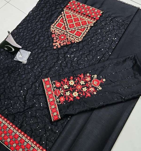 Silk Sequins Full Heavy Embroidered Dress & Embroidery Trouser 2-Piece (Unstitched) (CHI-793) Gallery Image 3