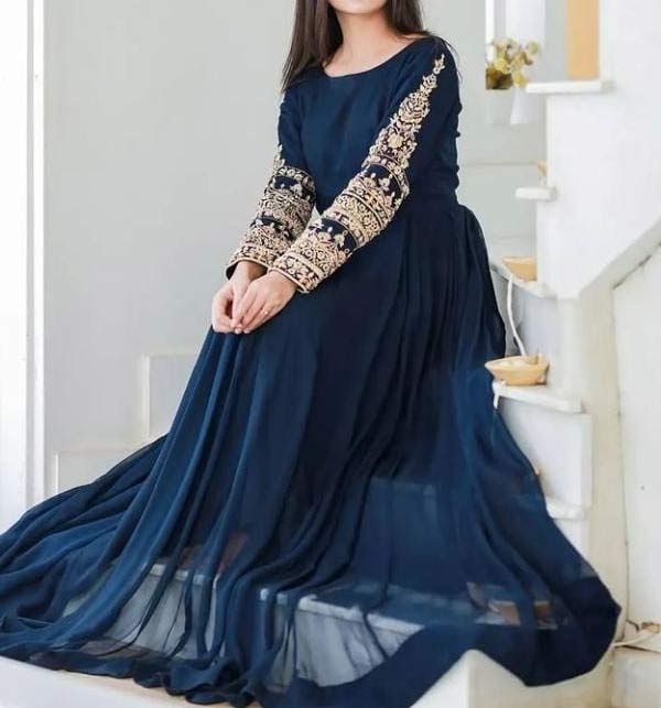 Pack of 2 Deal Blue Stitched MAXI & Unstitched Silk Full Sequence Embroidery 2 Pec Dress (Deal-68) Gallery Image 2