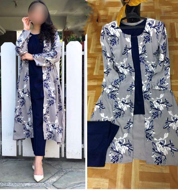 Stitched Boski Linen Floral Print Gown 3 Pcs (Gown+Shirt+Trouser) (RM-90) Gallery Image 2