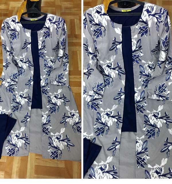 Stitched Boski Linen Floral Print Gown 3 Pcs (Gown+Shirt+Trouser) (RM-90) Gallery Image 3