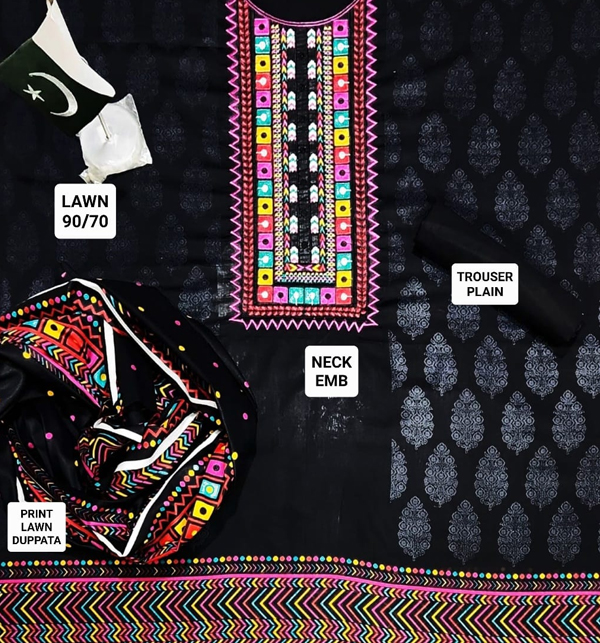 Latest Embroidered Black Lawn Dress With Lawn Duppata (UnStitched) (DRL-1272) Gallery Image 1