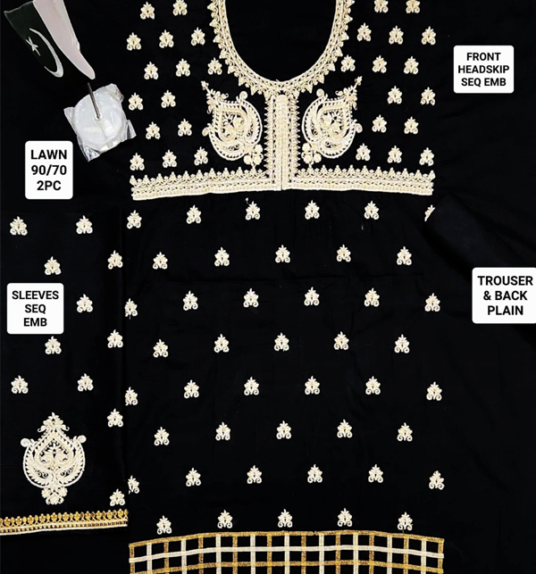 AZADI SALE Lawn Full Heavy Embroidered Black Lawn Dress 2 Pec (UnStitched) (DRL-1273) Gallery Image 1