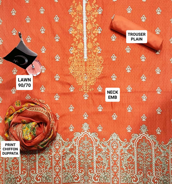 AZADI SALE Latest Embroidered Lawn Dress Chiffon Dupatta (Unstitched) (DRL-1333) Gallery Image 1