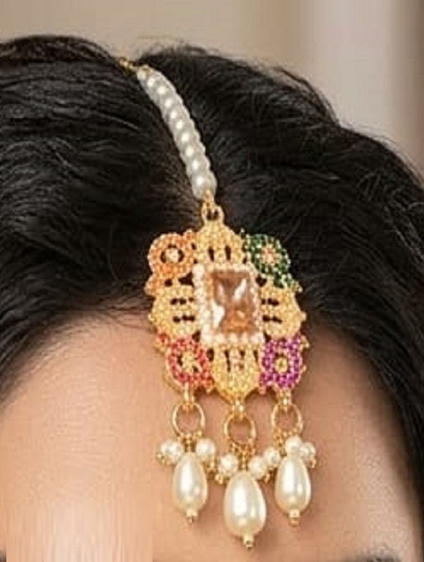 Nauratan Pearl Choker Set Earring Matha Patti (ZV:7491)