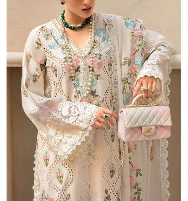 Luxurious Schiffli Heavy Embroidered Lawn Dress With Organza Embroidered Dupatta (UnStitched) (DRL-1424) Gallery Image 2